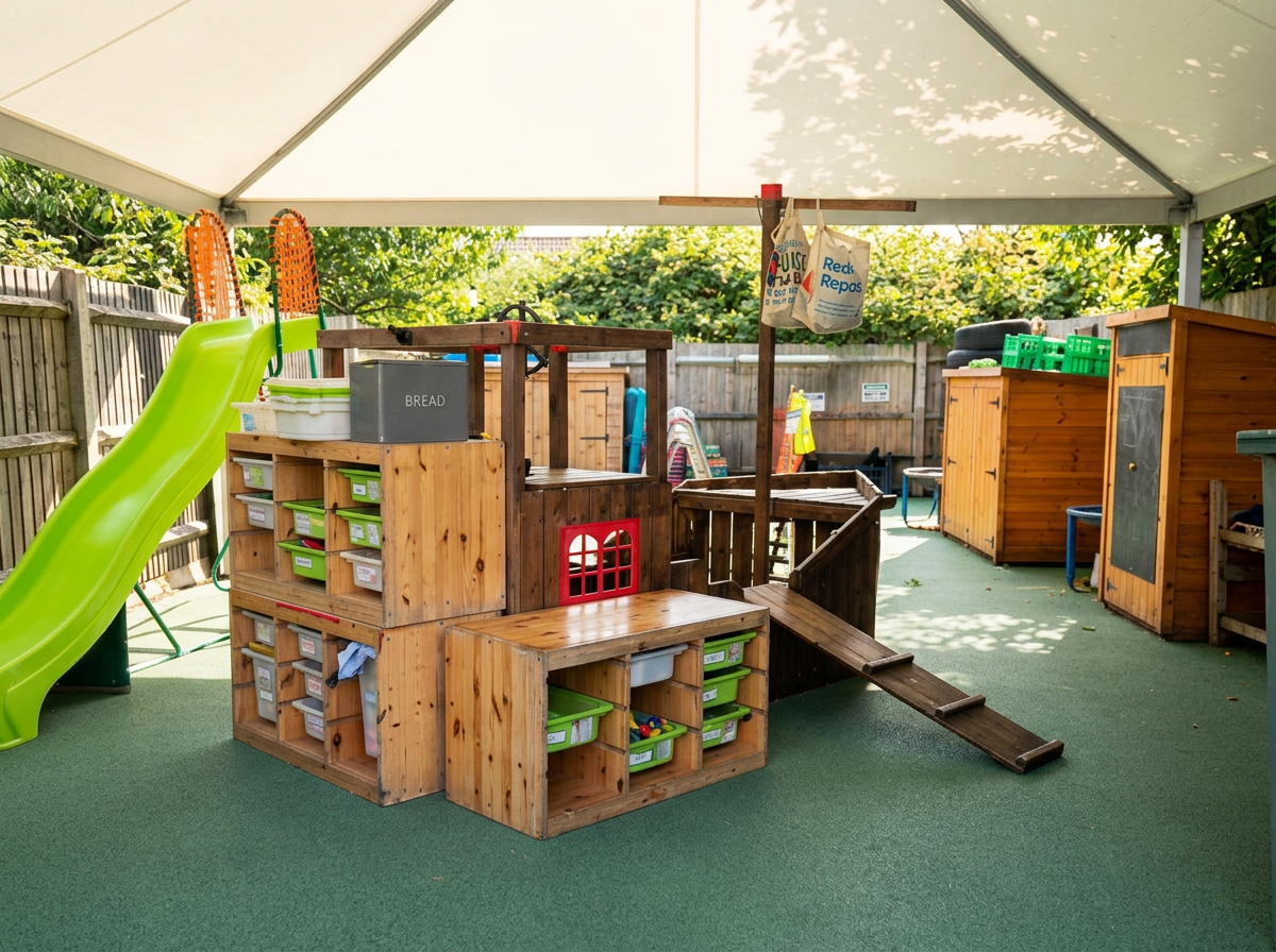 Wooden play kitchen and slide under a canopy in the 1st Friends nursery garden